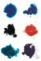 Abstract fountain pen ink spot with droplets, smudges, stains, splashes, sheen. multiple color blots, to design and decor, banners, cards