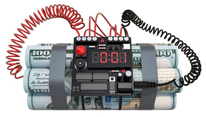 Economic crisis concept. Dollar packs like a time bomb. 3D rendering