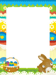 Naklejka premium cartoon scene with colorful easter basket and rabbit on frame with white background for text - illustration for children