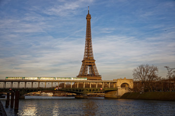 Paris, France - February 16, 2019: Bir Hakeim bridge with Eiffel tower in the background in Paris