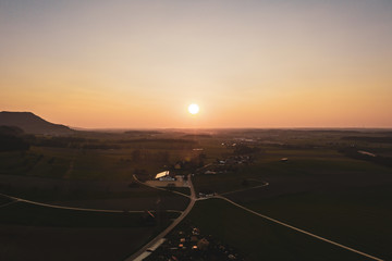 Aerial view of a golden sunset in a rural area, Germany