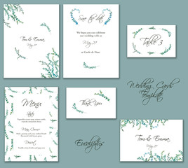Watercolor eucalyptus drawing  for minimalistic set of wedding templates. Hand painted plants, branches, leaves on white background. Set of greenery wedding invitations. Natural card design.