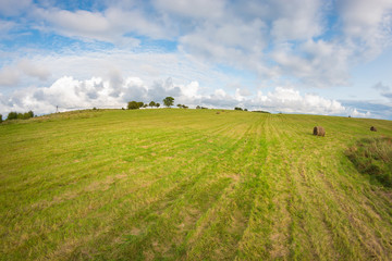 Stacks of hay in the green field in the evening. Cloudy sky