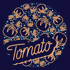 Tomato vector circle pattern with lettering. Funny doodle healthy food on a dark background.