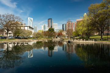 Fototapeta na wymiar Charlotte, North Carolina skyline cityscape on a spring day with copy space