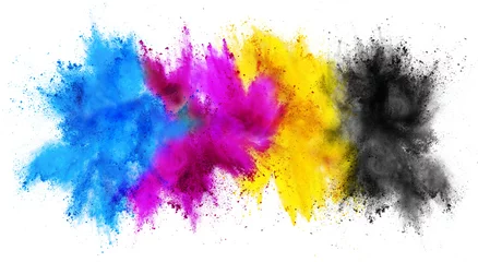 buntes CMYK-Cyan-Magenta-Gelb-Schlüssel-Holi-Farbpulver-Explosionsdruckkonzept isolierter weißer Hintergrund © stockphoto-graf