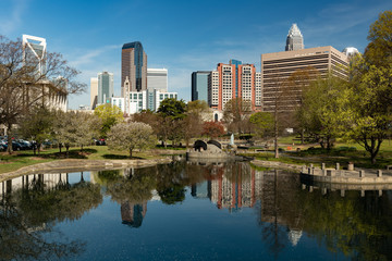 Fototapeta na wymiar Charlotte, North Carolina skyline cityscape on a spring day with copy space