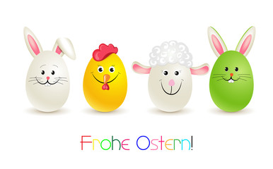 Osterkarte mit Ostereier als Hase, Lamm, Huhn und Häschen mit Ohren, Ostergrüße in deutsch, Vektor Illustration isoliert auf weißem Hintergrund 