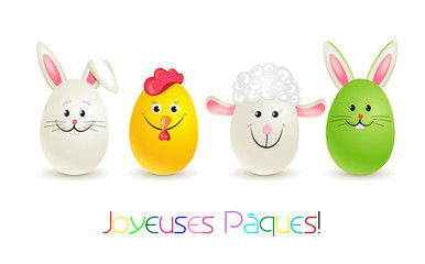 Osterkarte mit Ostereier als Hase, Lamm, Huhn und Häschen mit Ohren, Ostergrüße in französisch,  Vektor Illustration isoliert auf weißem Hintergrund 