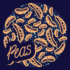 Peas vector circle pattern with lettering. Funny doodle healthy food on a dark background.