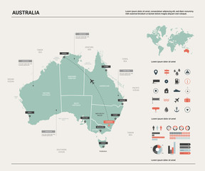 Vector map of Australia .  High detailed map with division, cities and capital Canberra. Political map,  world map, infographic elements.