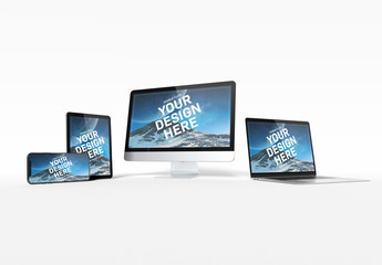 Computer, Laptop, Tablet, and Smartphone Isolated on White Mockup