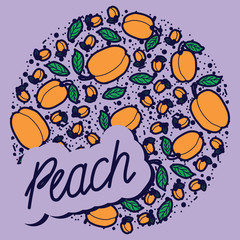 Peach vector circle pattern with lettering. Funny doodle healthy food on a light background