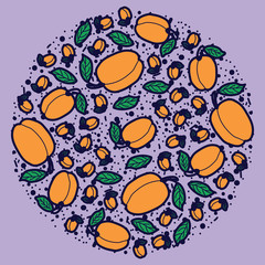 Peach vector circle pattern. Funny doodle healthy food on a light background