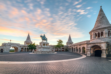 Fisherman' Bastion and the Square of Holy Trinity in Budapest , Hungary early in the morning at...