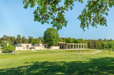 The forest crematorium, seen from Almhöjden, is a memorial hamlet at Skogskyrkogården in Stockholm