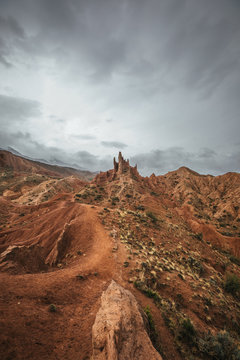 dramatic and bizzare rock formations in fairy tale canyon, kyrgyzstan