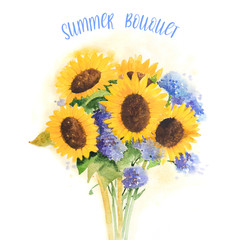 Watrecolor summer bouquet with sunflowers. Hand drawn summer flowers bunch.