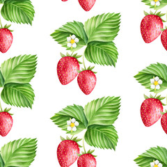 Fresh strawberry seamless pattern. Watercolor background with colorful fruits.