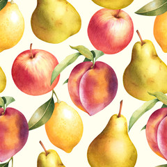 Apples, pears, lemons and peach hand drawn seamless pattern. Colorful watercolor fruit background.