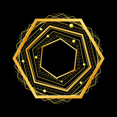 Simple abstract golden geometric shape from intersecting lines, hexagon. Decorative element for graphic design, symbol, logo. Isolated on black background. Eps10 vector illustration.
