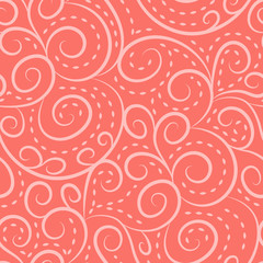 Elegant ornate vine swirls seamless vector pattern in living coral color. Texture look design for upholstery fabric, packaging, wrapping paper, wallpaper, graphic, web site background, apparel.