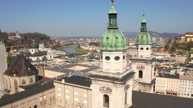 Aerial view of the Salzburg Cathedral or Salzburger Dom on a sunny spring day 