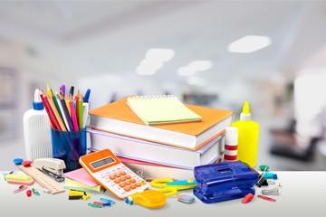 Obraz premium School Backpack with stationery on wooden table