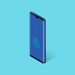 Smartphone with fingerprint on screen in isometric. Vector illustration