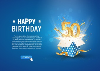 50 th years anniversary banner with open burst gift box. Template fiftieth birthday celebration and abstract text on blue background vector illustration