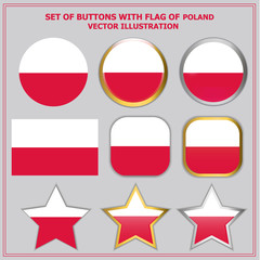 Bright set of buttons with flag of Poland. Colorful illustration with flag for web design. Illustration with grey background.
