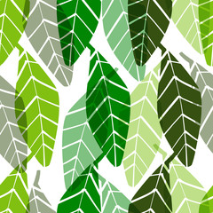Vector seamless pattern with leaves, repeatable minimalistic background. Repeatable botanical backdrop. Green geometric tea leaves motif.