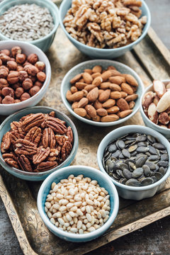 Food: Variation of nuts in bowls