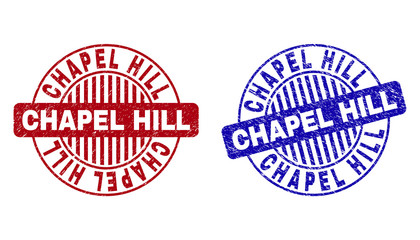 Grunge CHAPEL HILL round stamp seals isolated on a white background. Round seals with distress texture in red and blue colors.