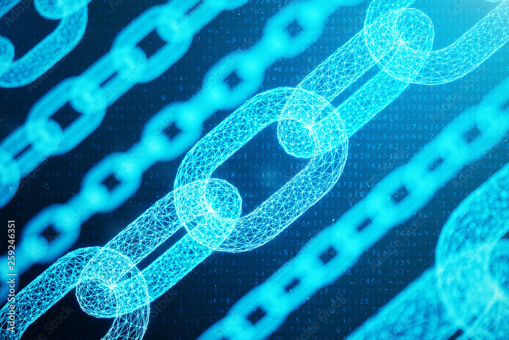Poster 3d illustration digital block chain code. chain links network. low polygonal grid of triangles glowi