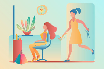 Hairdresser - the master barber hurries to the client to cut, style or dye his hair. A young woman is sitting in a beauty salon chair. Template for website design, web page. Flat Vector Illustration
