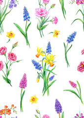 Seamless floral spring pattern of narcissus, eustoma and muscari on a white background, watercolor illustration.