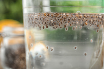 Glass of water with chia seeds on blurred background, closeup