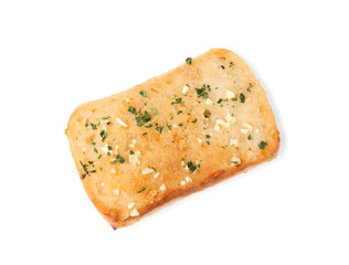 Slice of garlic bread with herbs isolated on white, top view