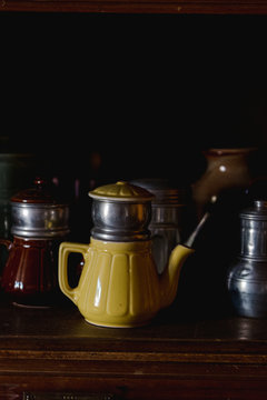 Vintage yellow coffee pot in  French farmhouse