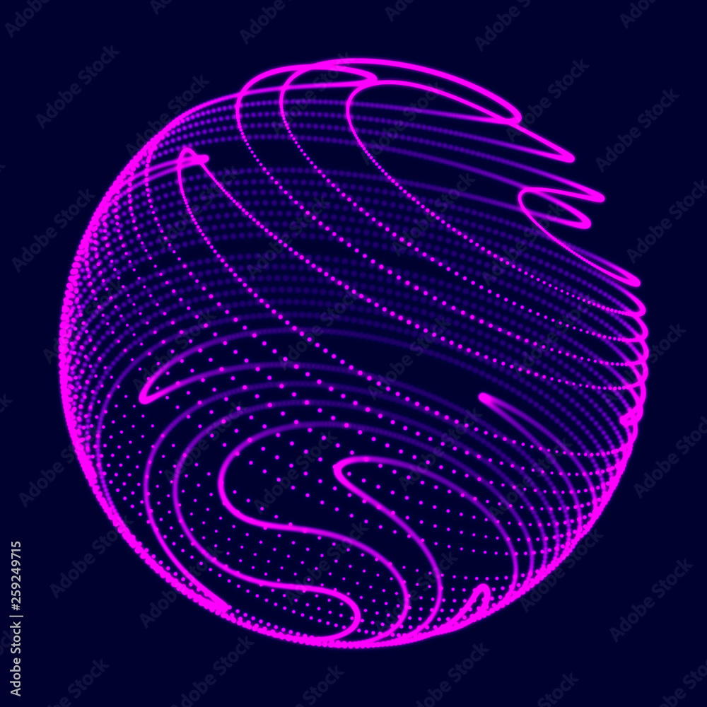 Poster Abstract 3d sphere. Sphere with twist lines. Glowing lines twisting Logo design. Outer space object. Futuristic technology style. Sphere particles. 3d rendering.