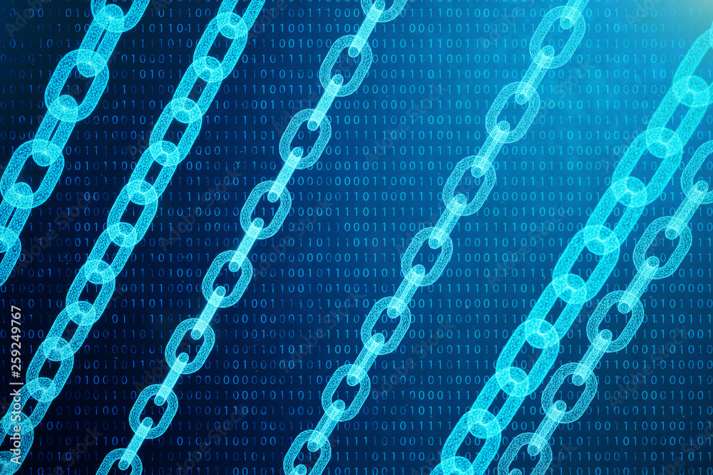Poster 3d illustration digital block chain code. chain links network. low polygonal grid of triangles glowi