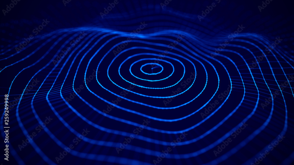 Poster Wave 3d. Wave of particles. 3D glowing abstract digital particles background. Data technology illustration. Big data visualization. 3d rendering.
