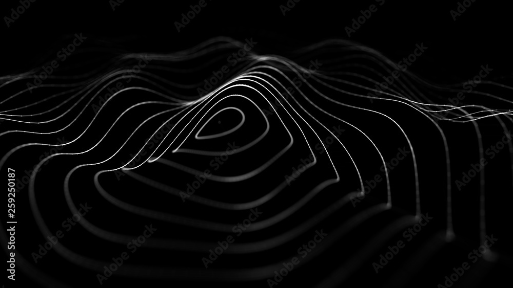 Poster Wave 3d. Wave of particles. 3D glowing abstract digital particles background. Data technology illustration. Big data visualization. 3d rendering.
