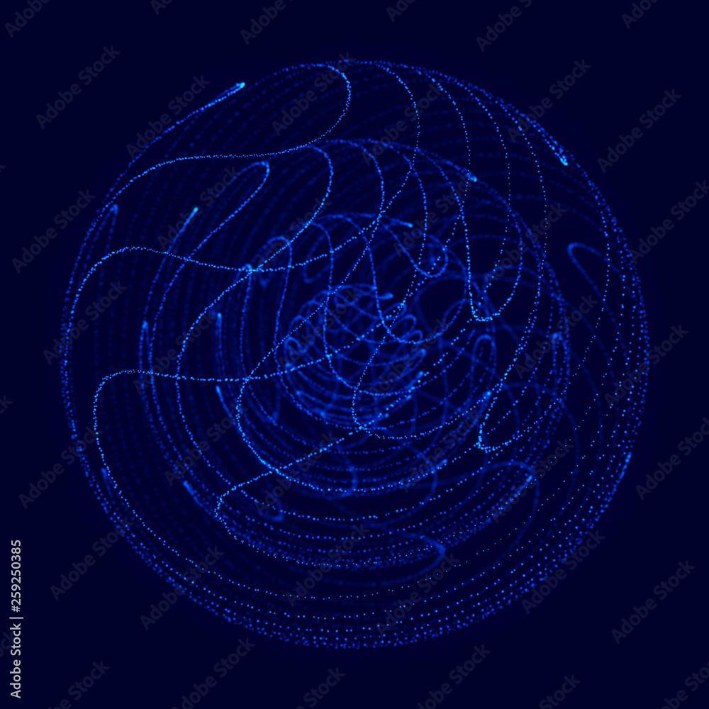 Poster Abstract 3d sphere. Sphere with twist lines. Glowing lines twisting Logo design. Outer space object. Futuristic technology style. Sphere particles. 3d rendering.