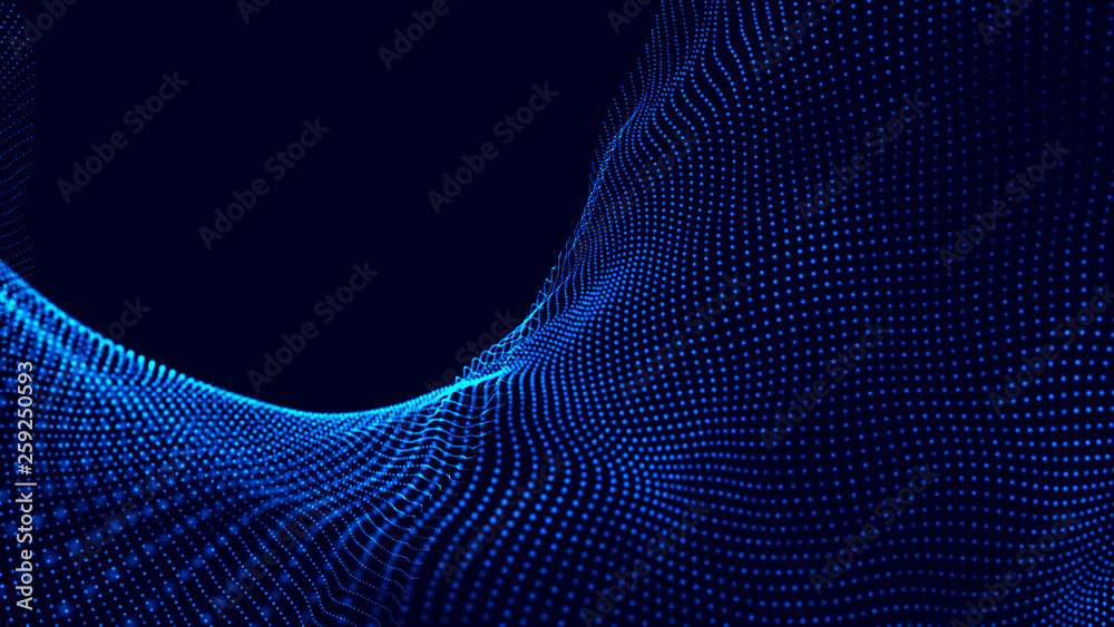 Poster wave 3d. wave of particles. abstract blue geometric background. big data visualization. data technol