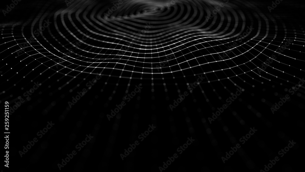 Poster wave 3d. wave of particles. 3d glowing abstract digital particles background. data technology illust