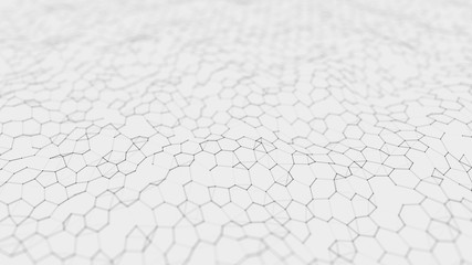 Futuristic white hexagon background. Futuristic honeycomb concept. Wave of particles. 3D rendering. Data technology background - obrazy, fototapety, plakaty