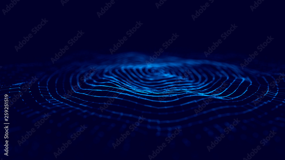 Poster Wave 3d. Wave of particles. 3D glowing abstract digital particles background. Data technology illustration. Big data visualization. 3d rendering.