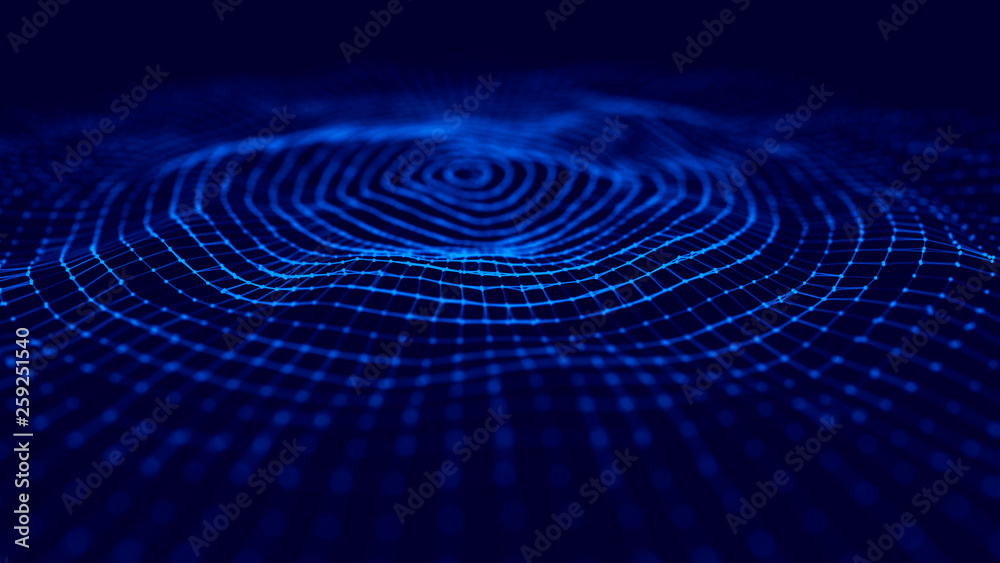 Poster wave 3d. wave of particles. 3d glowing abstract digital particles background. data technology illust
